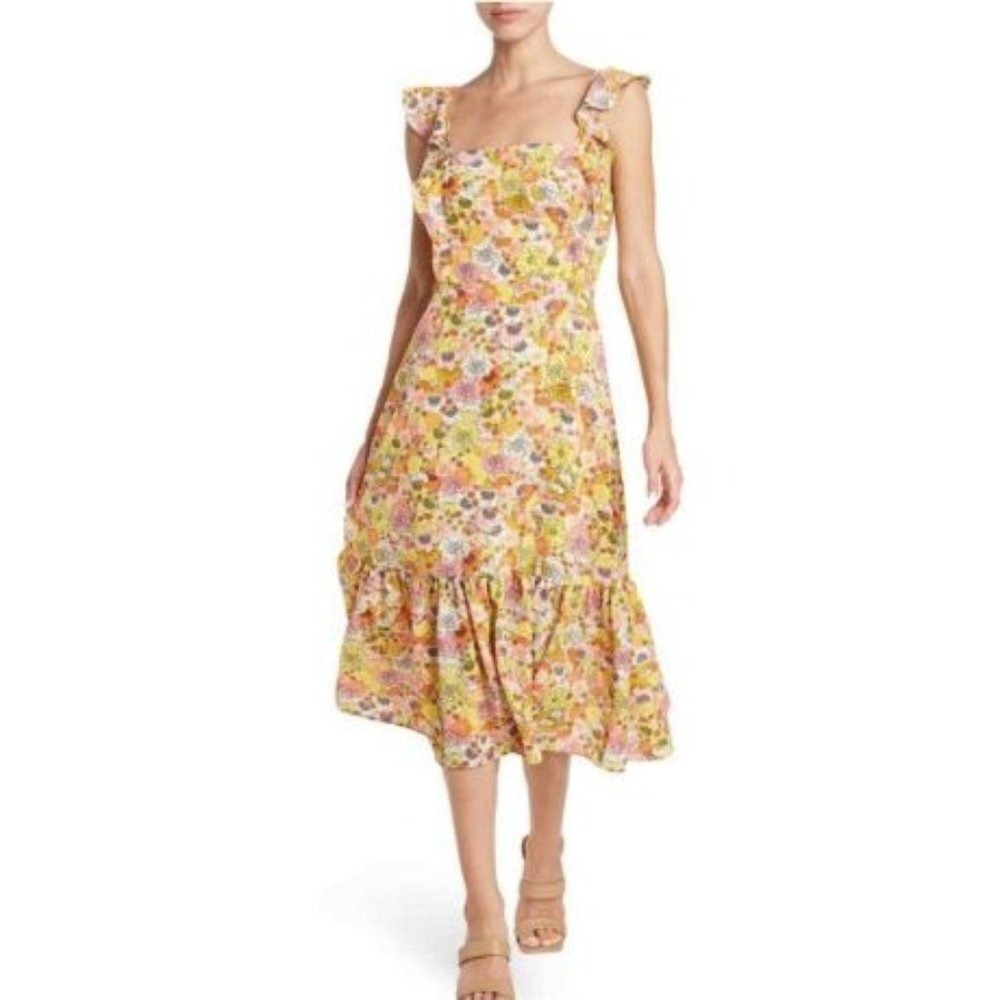 BCBGeneration Midi Dress Womens L Yellow Floral Cottage Fairy Feminine Soft Girl